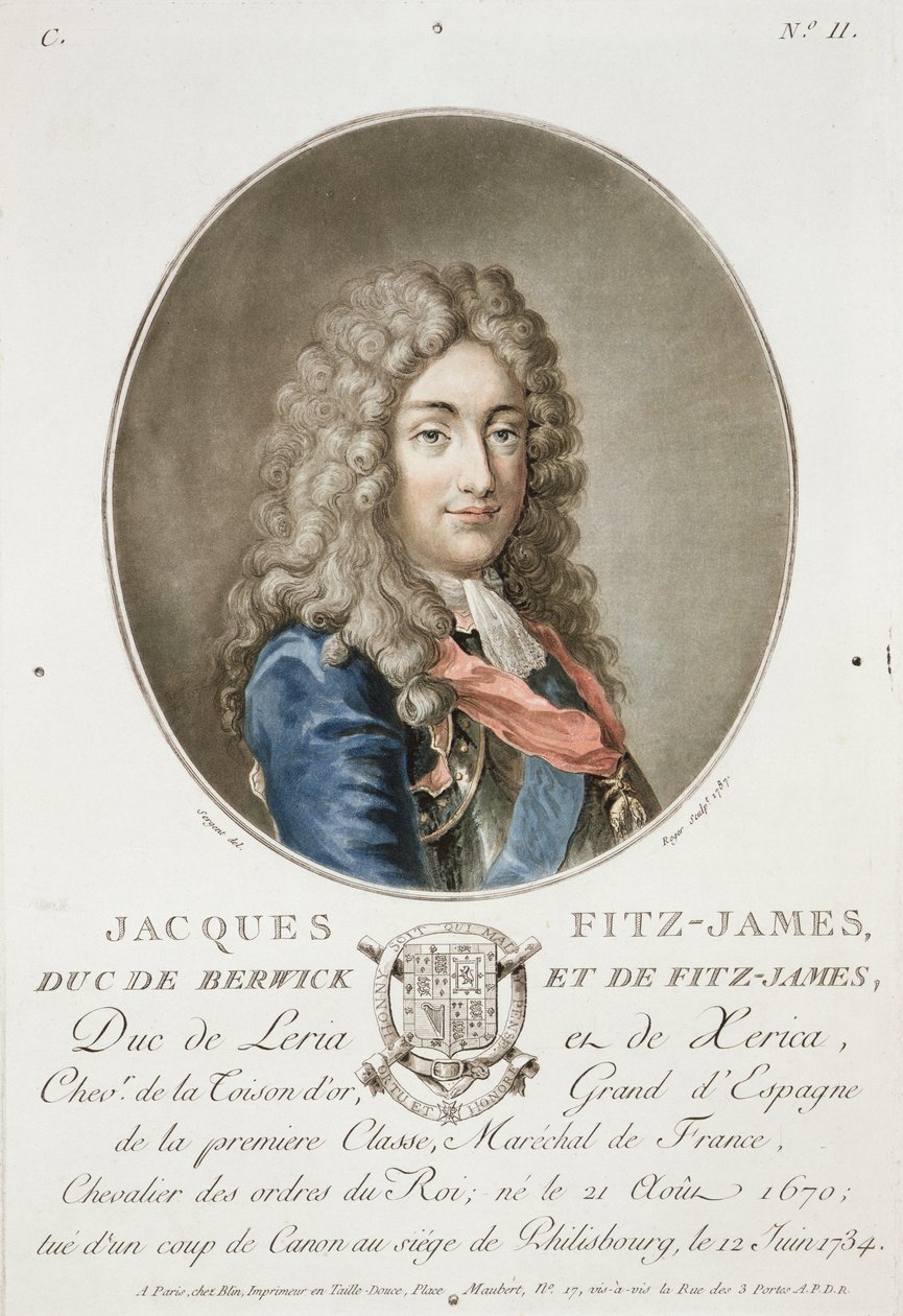 James Fitzjames (1670-1733), 1. vévoda z Berwicku, z „Portréty velkých mužů, slavných žen a nezapomenutelných předmětů Francie“, vyrytý Rogerem, 1787, publikováno 1787-92 od Antoine Louis Francois Sergent Marceau