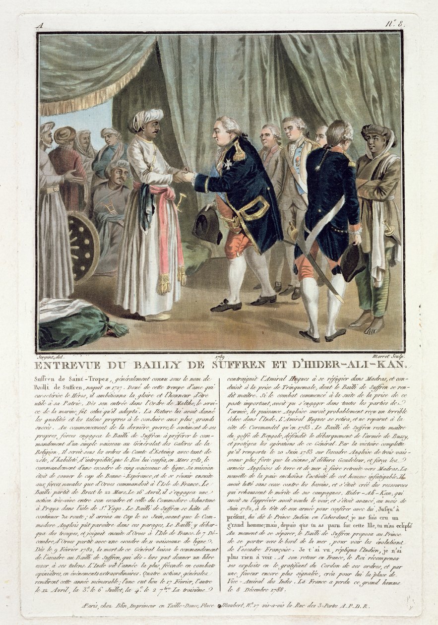 Setkání Pierra Andre de Suffrena de Saint Tropez (1729-88) a Haidera Aliho (1728-82), 1782, ryl Jean Baptiste Morret (fl.1790-1820), 1789 od Antoine Louis Francois Sergent Marceau
