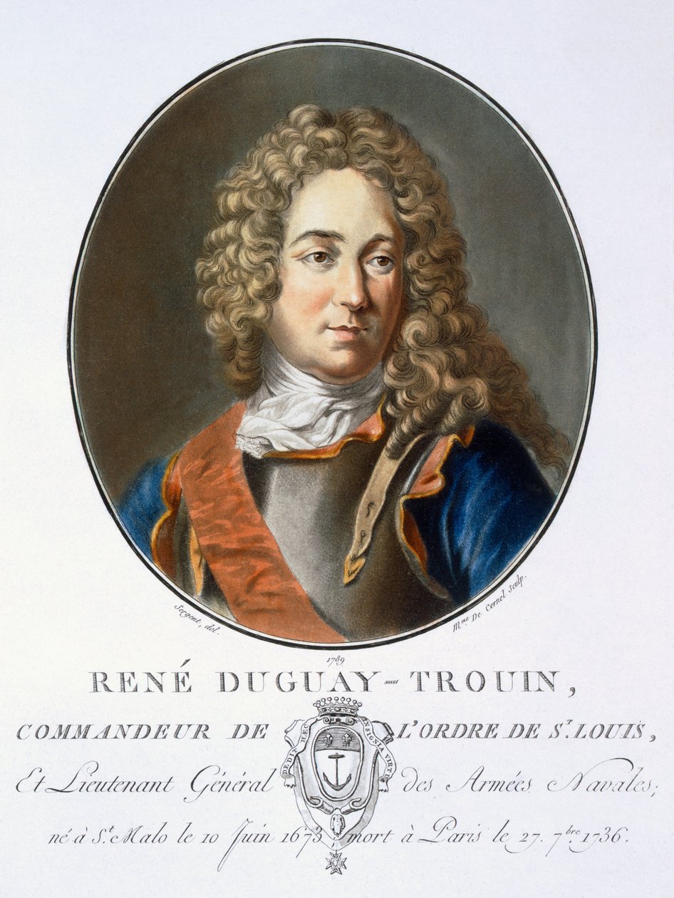 Rene Duguay-Trouin, z „Portréty velkých mužů, slavných žen a památných předmětů Francie, ryté a tištěné v barvách“, vydal Pierre Blin, 1786-92, Paříž (barevná rytina) od Antoine Louis Francois Sergent Marceau