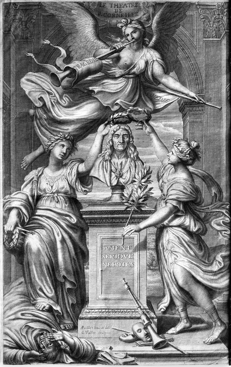 Frontispis pro edici Le Theater de P. Corneille, rytý Guillaume Vallet (1632-1704) publikováno 1664 (černobílá fotografie) od Antoine Paillet