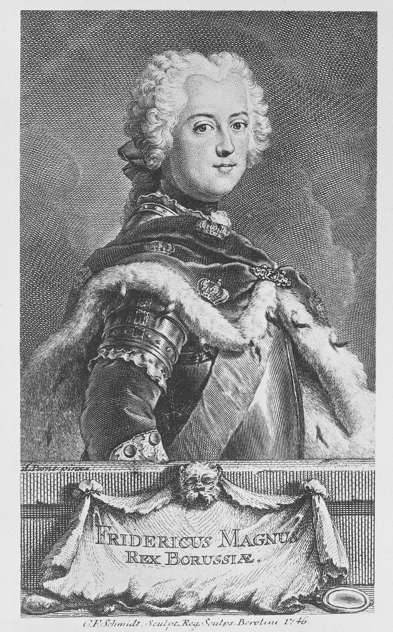 Friedrich II., pruský král, vyryl Georg Friedrich Schmidt, 1746 od Antoine Pesne