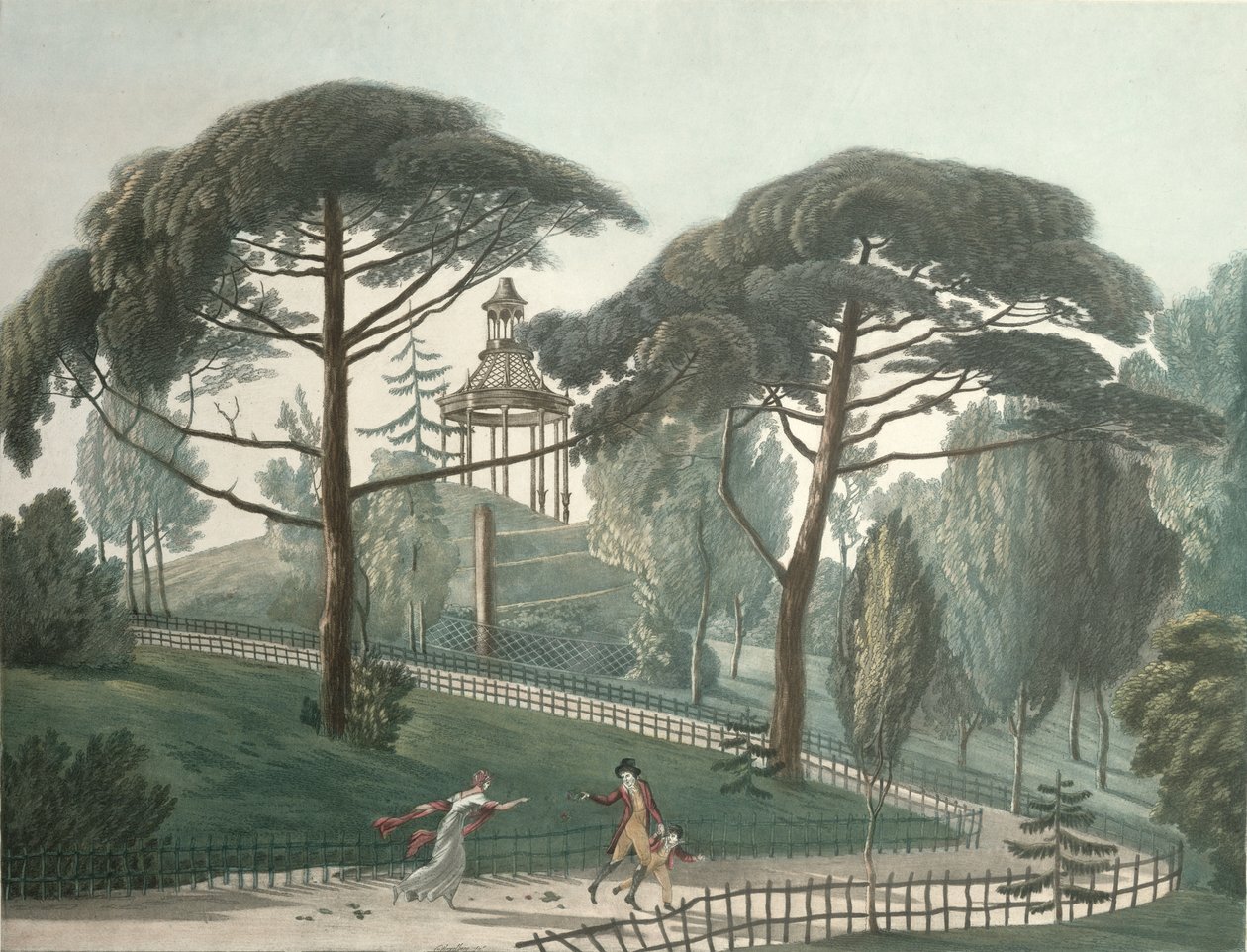 Bludiště neboli Belvedér v pařížské zahradě Jardin des Plantes, rytina Nicolase Marie Josepha Chapuye (1790-1858) (akvatinta) od Antoine Pierre Mongin