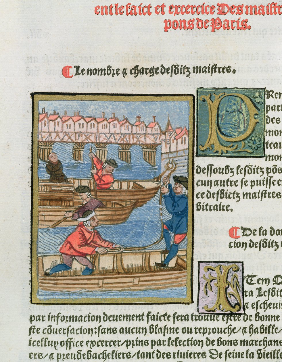 Převozníci na řece Seině, z „Ordonnances Royaux de la Juridiction de la Prevote des Marchands de la Ville de Paris“, 1528 (wc und kvaš na papíře) od Antoine Verard