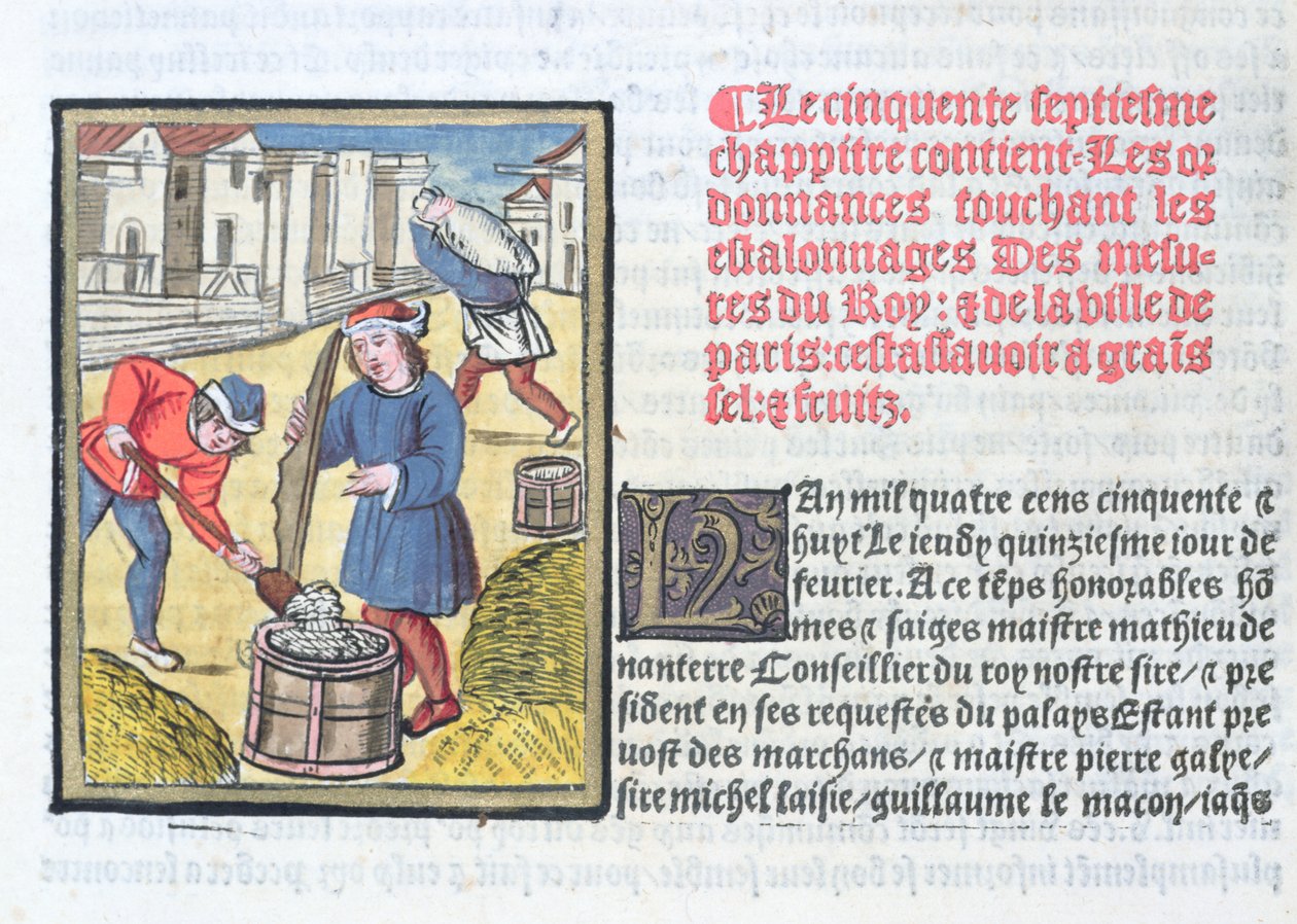 Měřicí malta (nebo sádra), z „Ordonnances Royaux de la Juridiction de la Prevote des Marchands de la Ville de Paris“, vydané v roce 1528 (wc und kvaš na papíře) od Antoine Verard