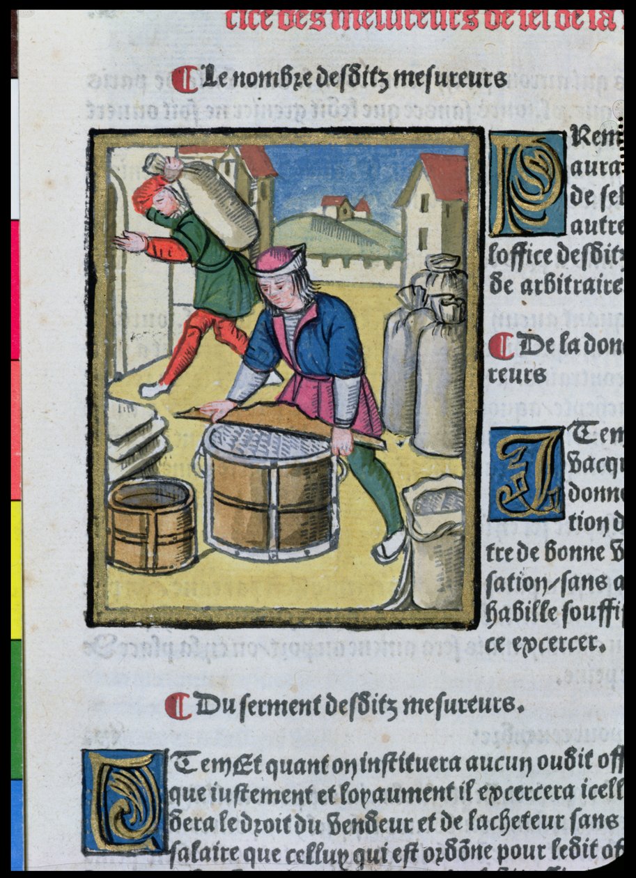 Měření soli, z „Ordonnances Royaux de la Juridiction de la Prevote des Marchands de la Ville de Paris“, 1528 (wc und kvaš na papíře) od Antoine Verard