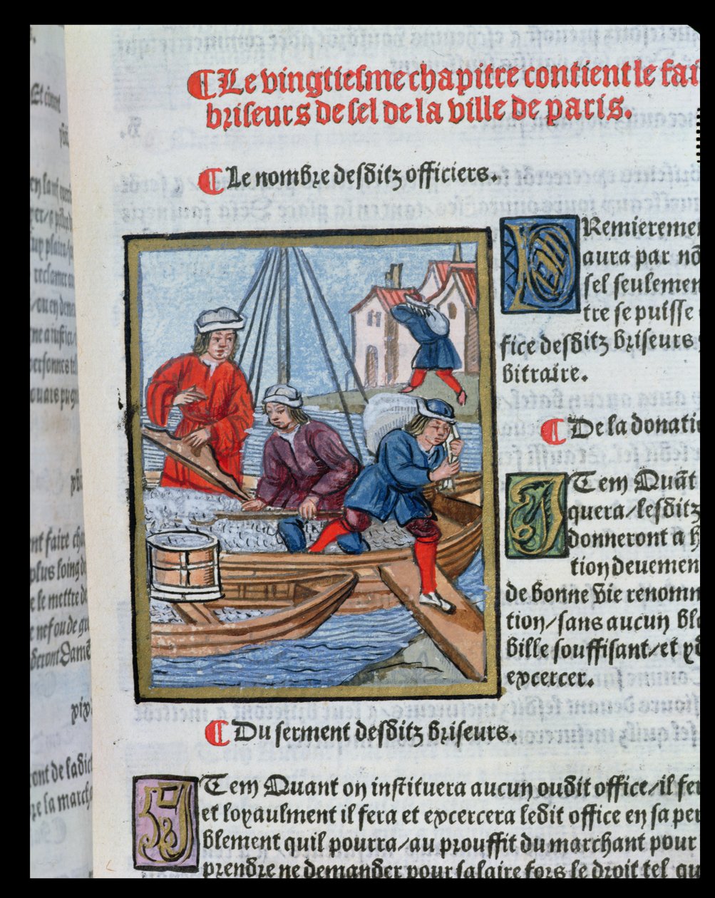 The Measure and Transport of Salt, z „Ordonnances Royaux de la Juridiction de la Prevote des Marchands de la Ville de Paris“, 1528 (wc und kvaš na papíře) od Antoine Verard