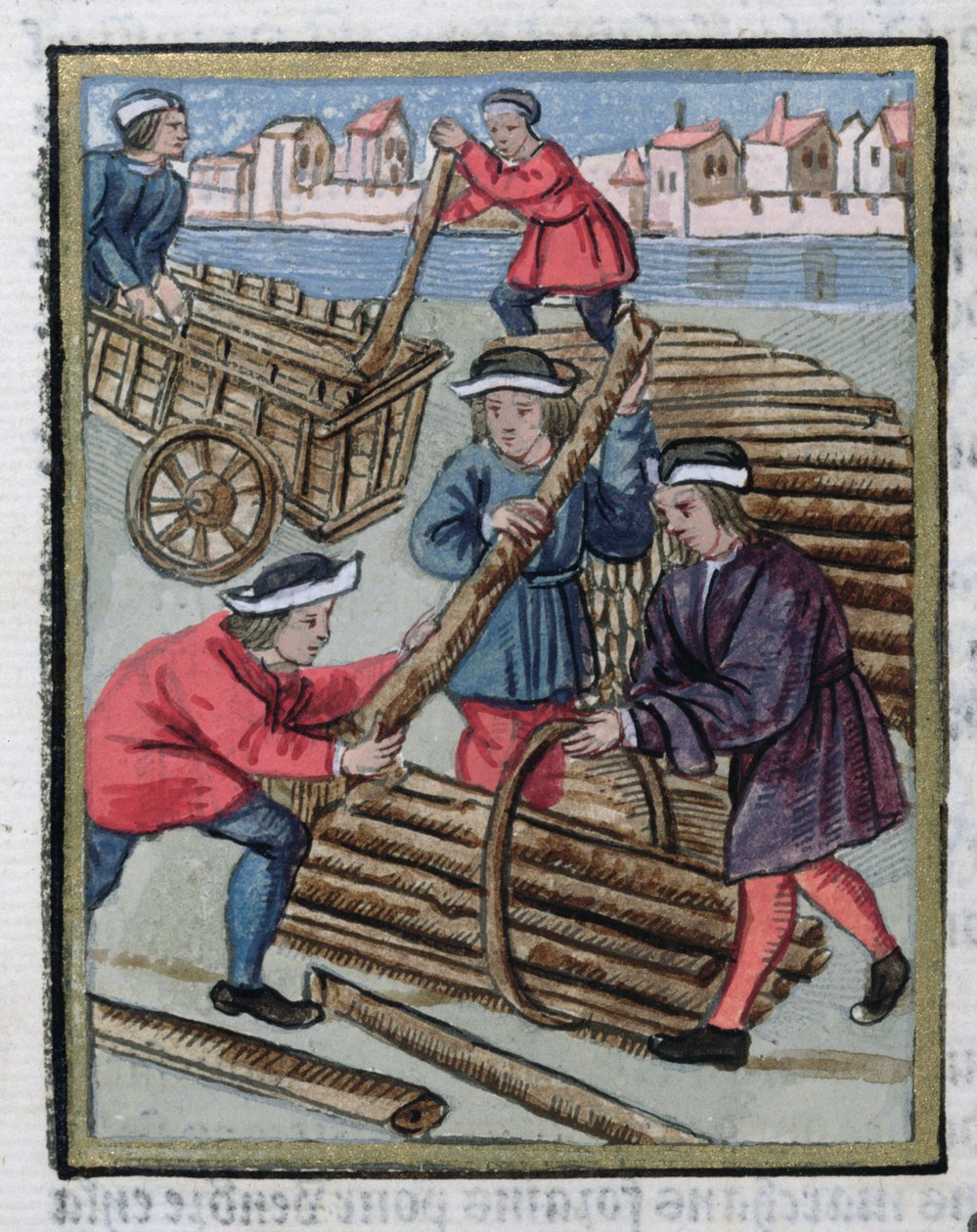 „Mouleur“, pracovník zaměstnaný pro kontrolu a měření prodeje dřeva, z „Ordonnances Royaux de la Juridiction de la Prevote des Marchands de la Ville de Paris“, 1528 (wc und kvaš na papíře) od Antoine Verard