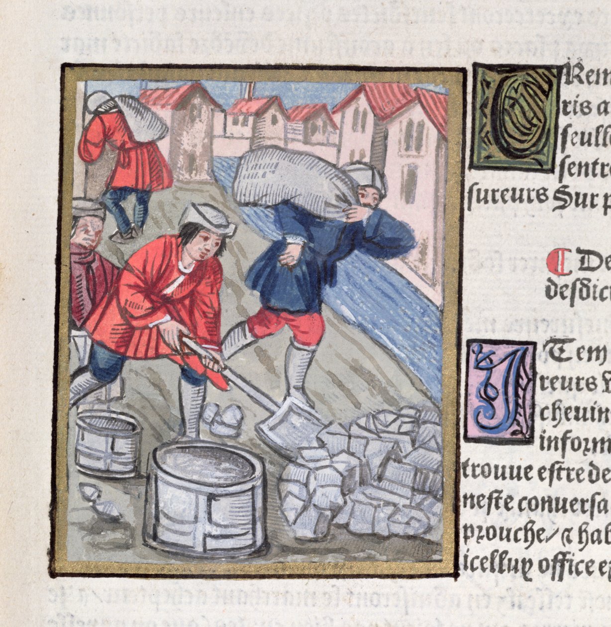 Míra a doprava uhlí z „Ordonnances Royaux de la Juridiction de la Prevote des Marchands de la Ville de Paris“, 1528 (wc und kvaš na papíře) od Antoine Verard