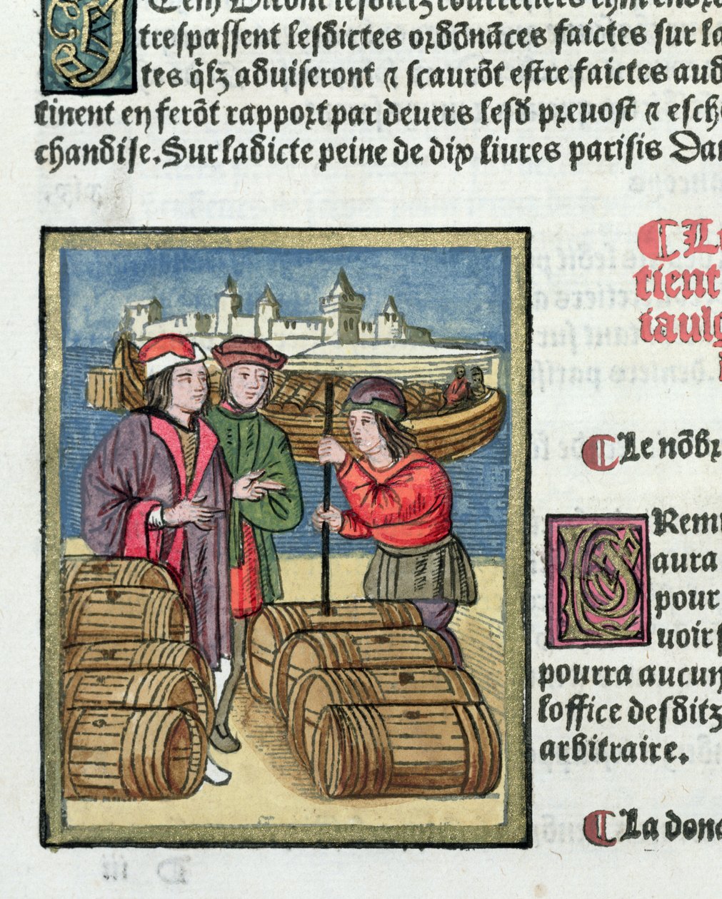 Míra a doprava vína z „Ordonnances Royaux de la Juridiction de la Prevote des Marchands de la Ville de Paris“, 1528 (wc a kvaš na papíře) od Antoine Verard
