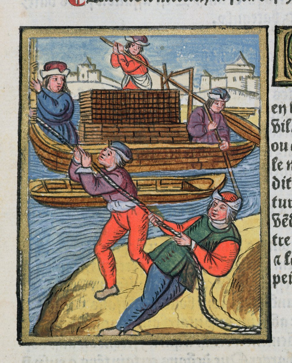 Doprava dřeva na řece Seině, z "Ordonnances Royaux de la Juridiction de la Prevote des Marchands de la Ville de Paris", 1528 (kvaš a čb na papíře) od Antoine Verard