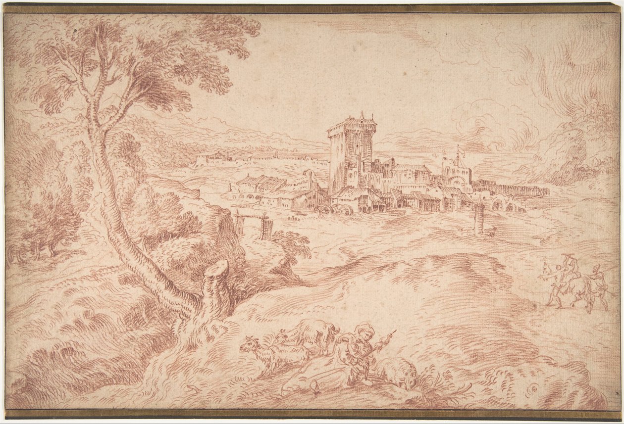 Krajina se starou ženou držící vřeteno od Jean Antoine Watteau