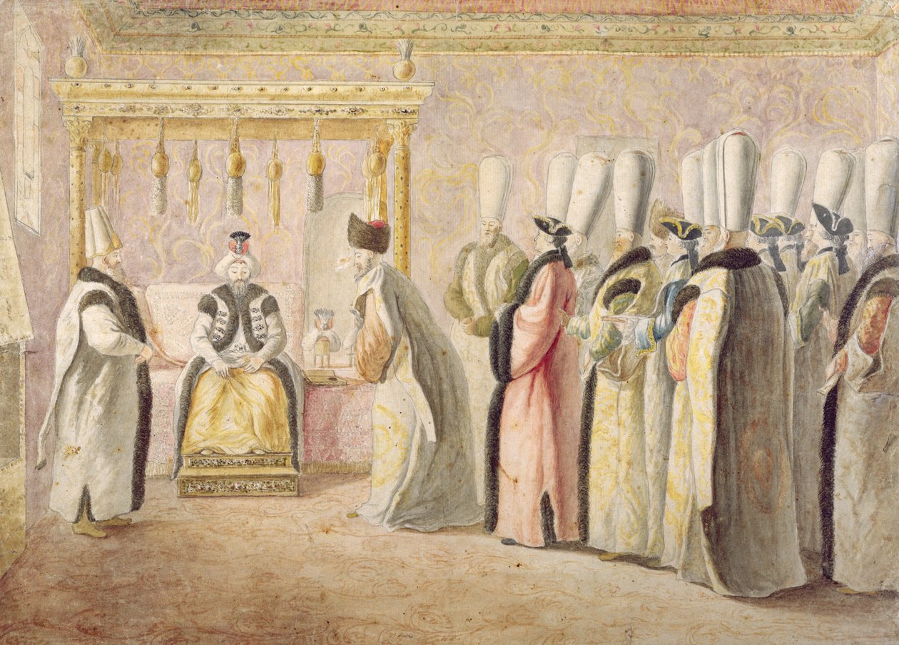 Audience na rozloučenou francouzského velvyslance Charlese Graviera (1717-87), hraběte de Vergennes, se sultánem Mustafou III. (1717-74) v Konstantinopoli dne 17. prosince 1768 od Antoine de Favray