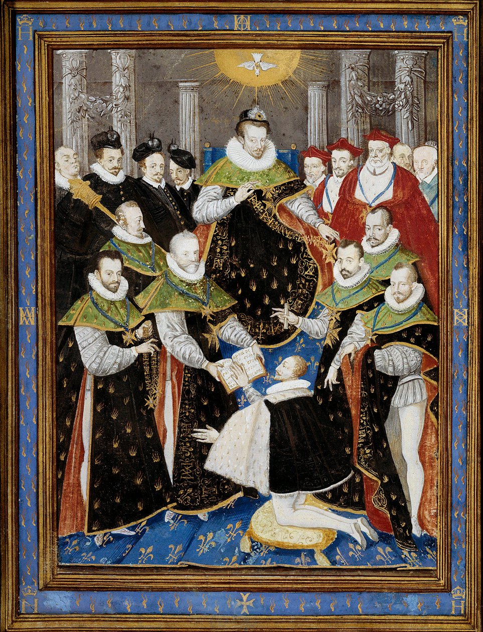 Král Jindřich III. (1551-1589) předsedající první ceremonii Řádu Ducha svatého (Řád svatého Ducha) v roce 1587 Miniatura od Williama Richardiere (16. století) po Antoine Caronovi (1521-1599) 1587 Chantilly, Musee Conde - Král Jindřich III. (15 od Antoine (after) Caron