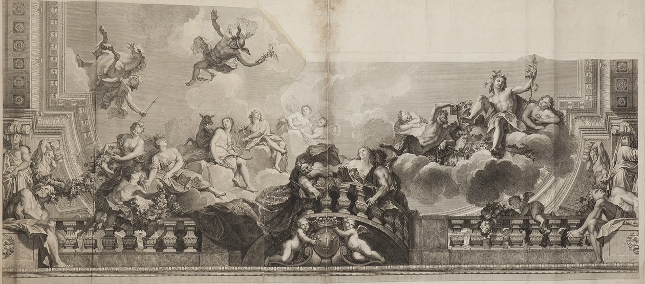 Návrh centrálního panelu stropu Velké galerie Palais Royal, vyrytý Nicolas Henri Tardieu (1674-1749) od Antoine (after) Coypel