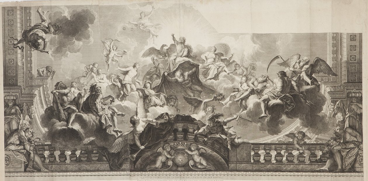Návrh centrálního panelu stropu Velké galerie Palais Royal, vyrytý Nicolas Henri Tardieu (1674-1749) od Antoine (after) Coypel