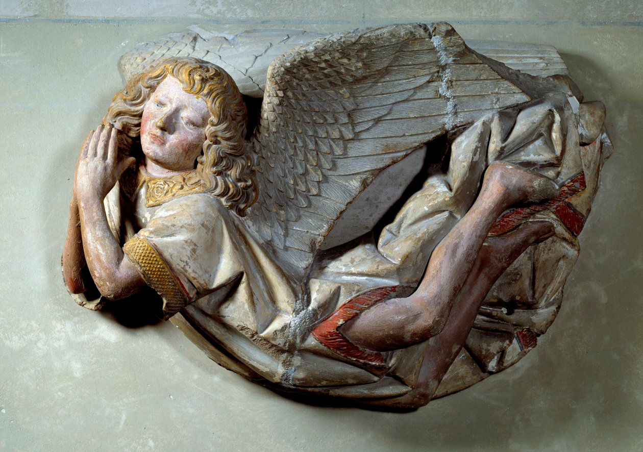 Reliéf Flying Angel v polychromovaném vápenci připisuje Antoinovi Moiturierovi (1425-1495) a je určen pro „Mise au tombeau nabízené Jaquotinem Ogierem a jeho ženou Pernette“. z Chapelles des Carmes v Semuru v Auxois. cca 1490 Slunce. 0,57x0,4 od Antoine (attr. to) Le Moiturier