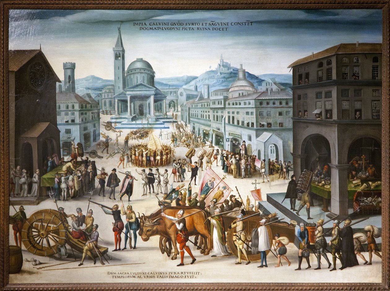 Sac de Lyon od kalvinistů v roce 1562. Protestantské ikonoklastické akty proti kultu náboženských obrazů katolické církve. Během první války náboženství dobyly reformy vedené baronem des Adrets radnici a životně důležitá centra města Lyon. od Antoine (school of) Caron