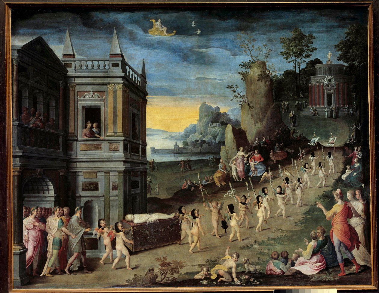 Alegorie: pohřeb lásky Pohřební průvod nesoucí tělo Erose míří k Venušině chrámu. Obraz z dílny Antoina Carona (1521-1599) od Antoine (studio of) Caron