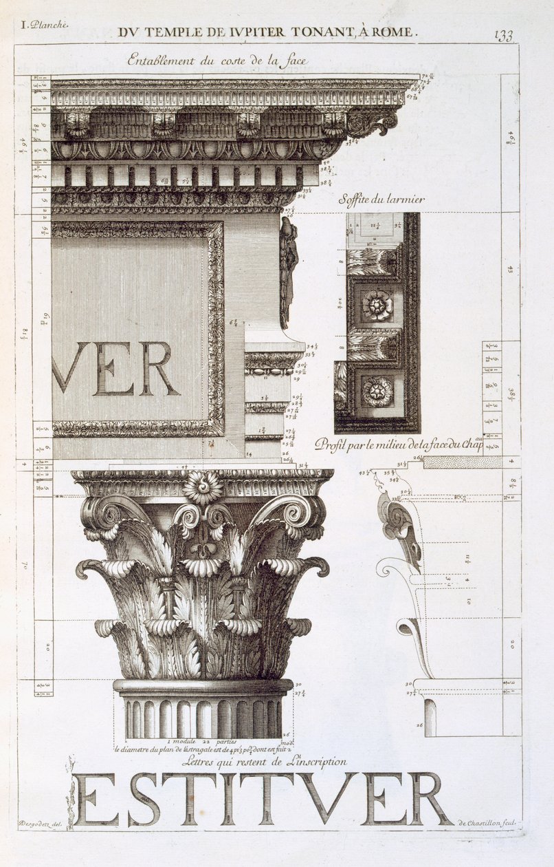 Entablatura, kapitál a nápis z chrámu Jupitera Tonanse (The Thunderer), z „Les Edifices Antiques de Rome“, 1682 od Antoine Babuty Desgodets