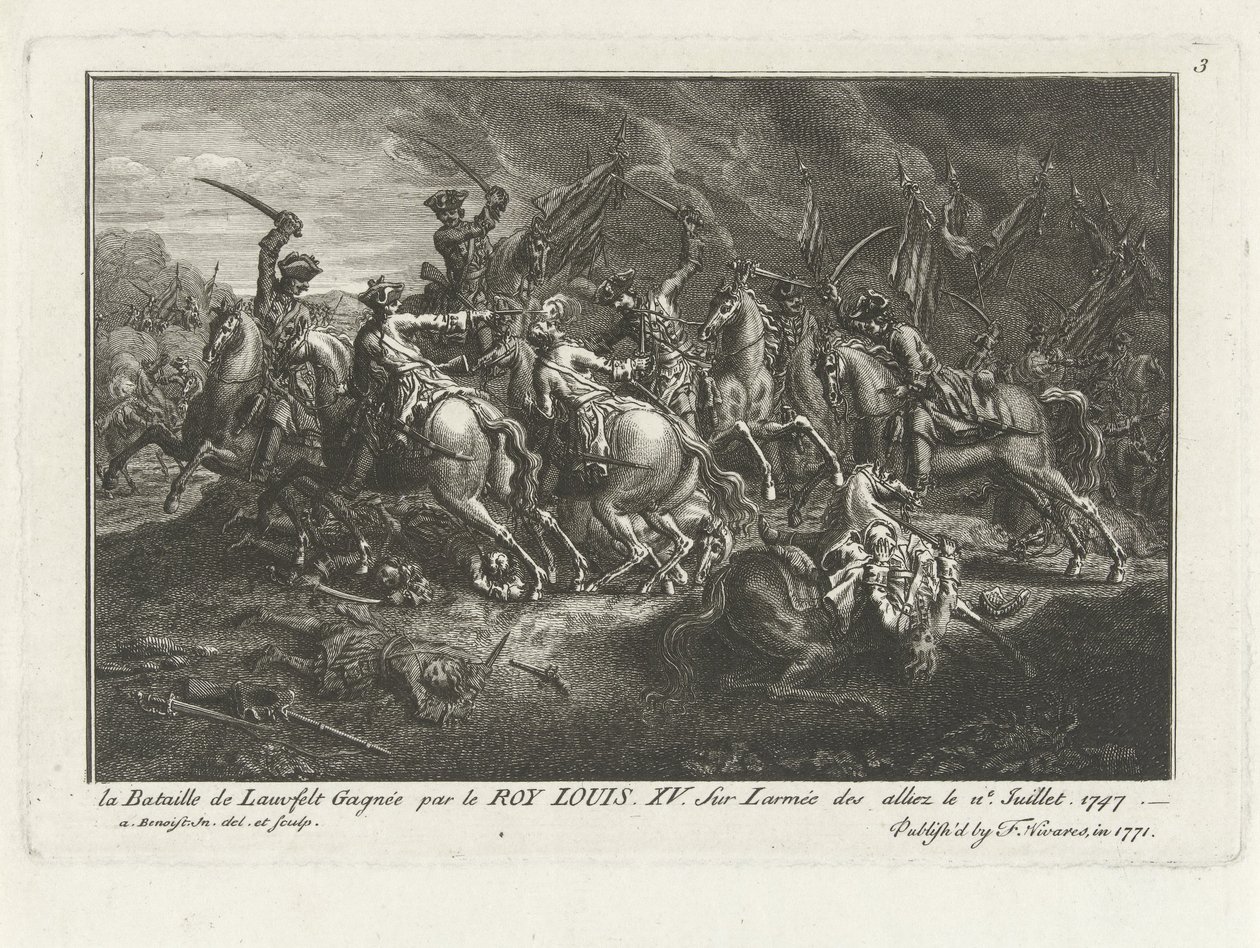 Pohled na bitvu u Lauffeldtu (Lafeld, poblíž Maastrichtu) dne 2. července 1747 během války o rakouské dědictví od Antoine Benoist
