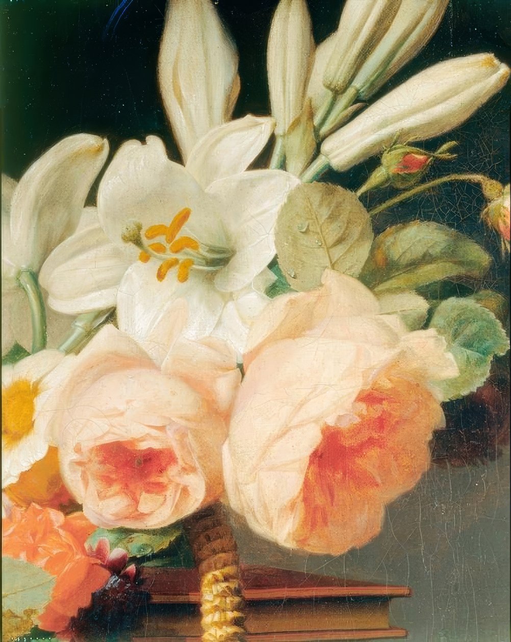 Kytice lilií a růží v košíku na šifonu (detail) od Antoine Berjon
