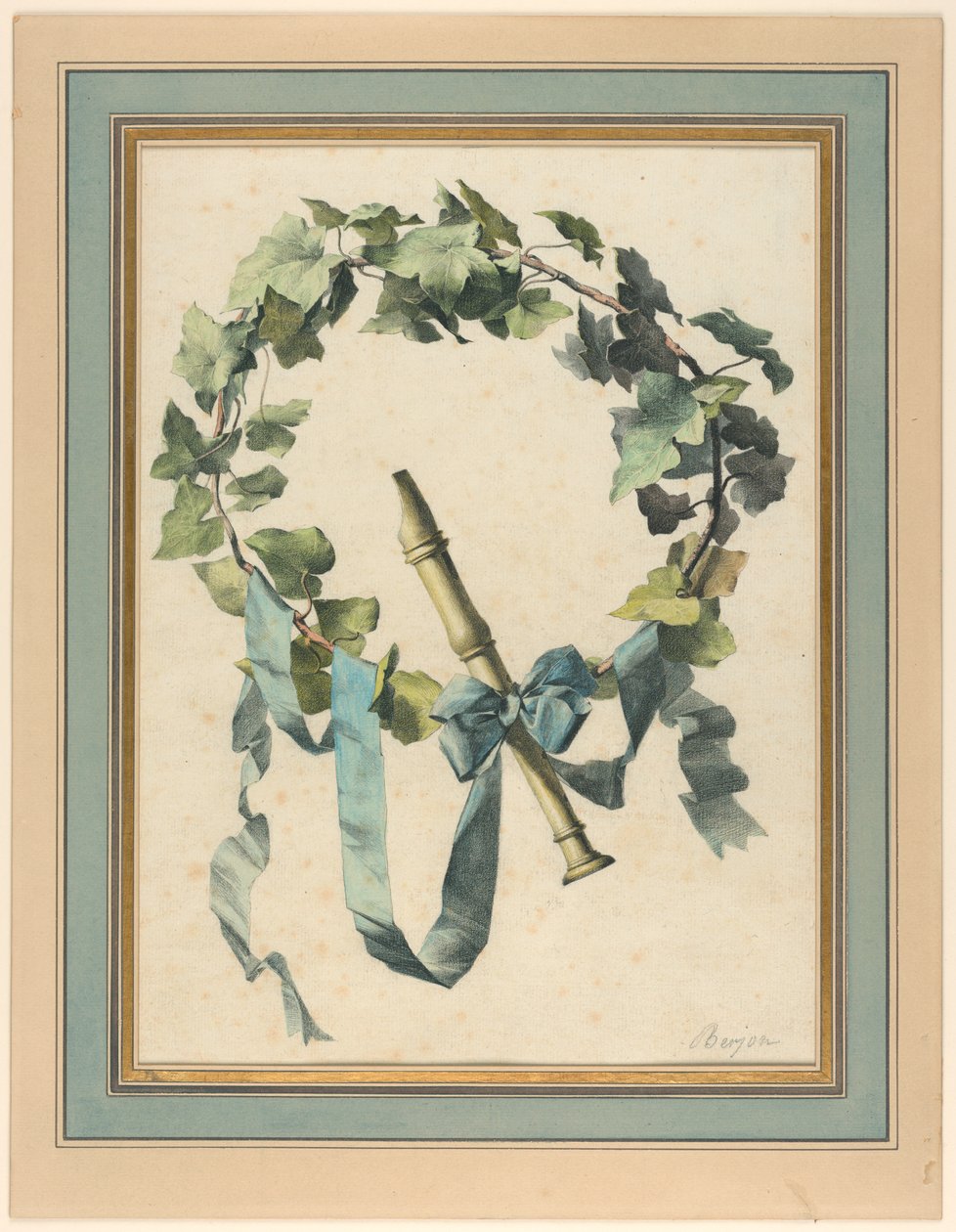 Kresba, trofej s flétnou, břečťanem a modrou stuhou, 1780-90 od Antoine Berjon