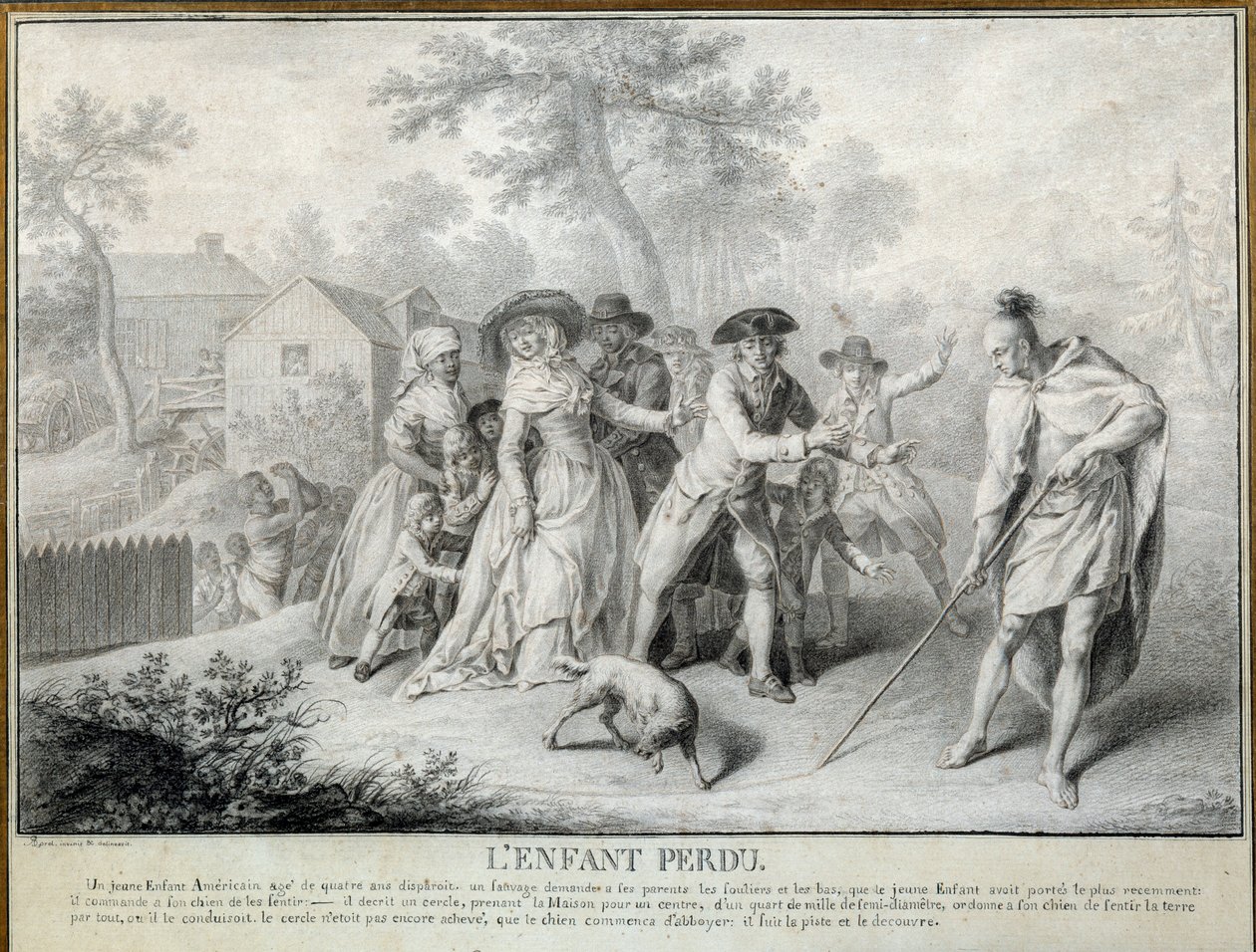 Ilustrace Ztracené dítě „Dopisy od amerického farmáře“ od Saint John de Crevecoeur. Litografie Antoina Borela (1743-1810) přibližně 1783. Blerancourt. Francouzské muzeum americké od Antoine Borel