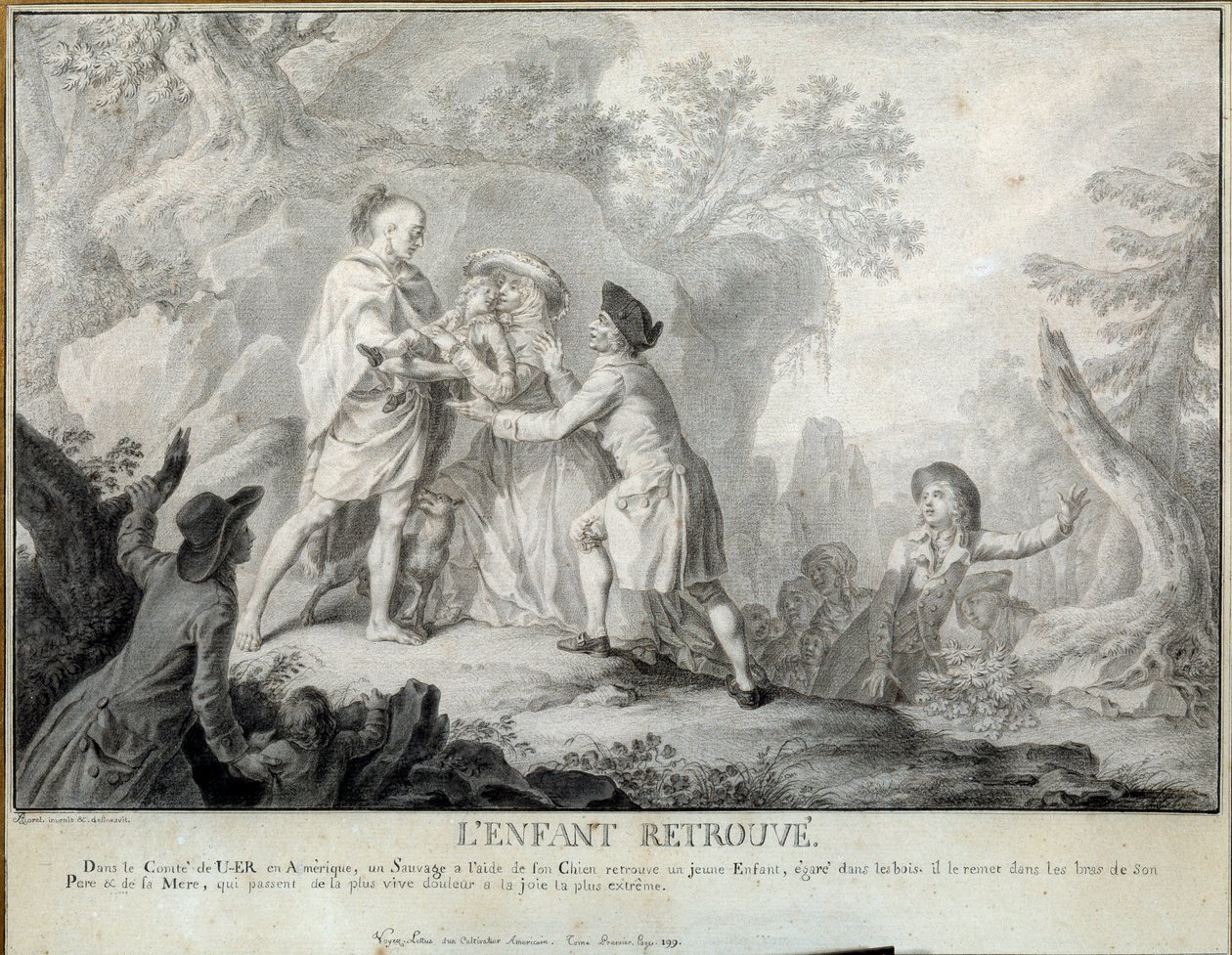 Dítě najde ilustraci „Dopisů amerického farmáře“ od Saint John de Crevecoeur. Litografie Antoina Borela (1743-1810) přibližně 1783. Blerancourt. Francouzské muzeum americké od Antoine Borel
