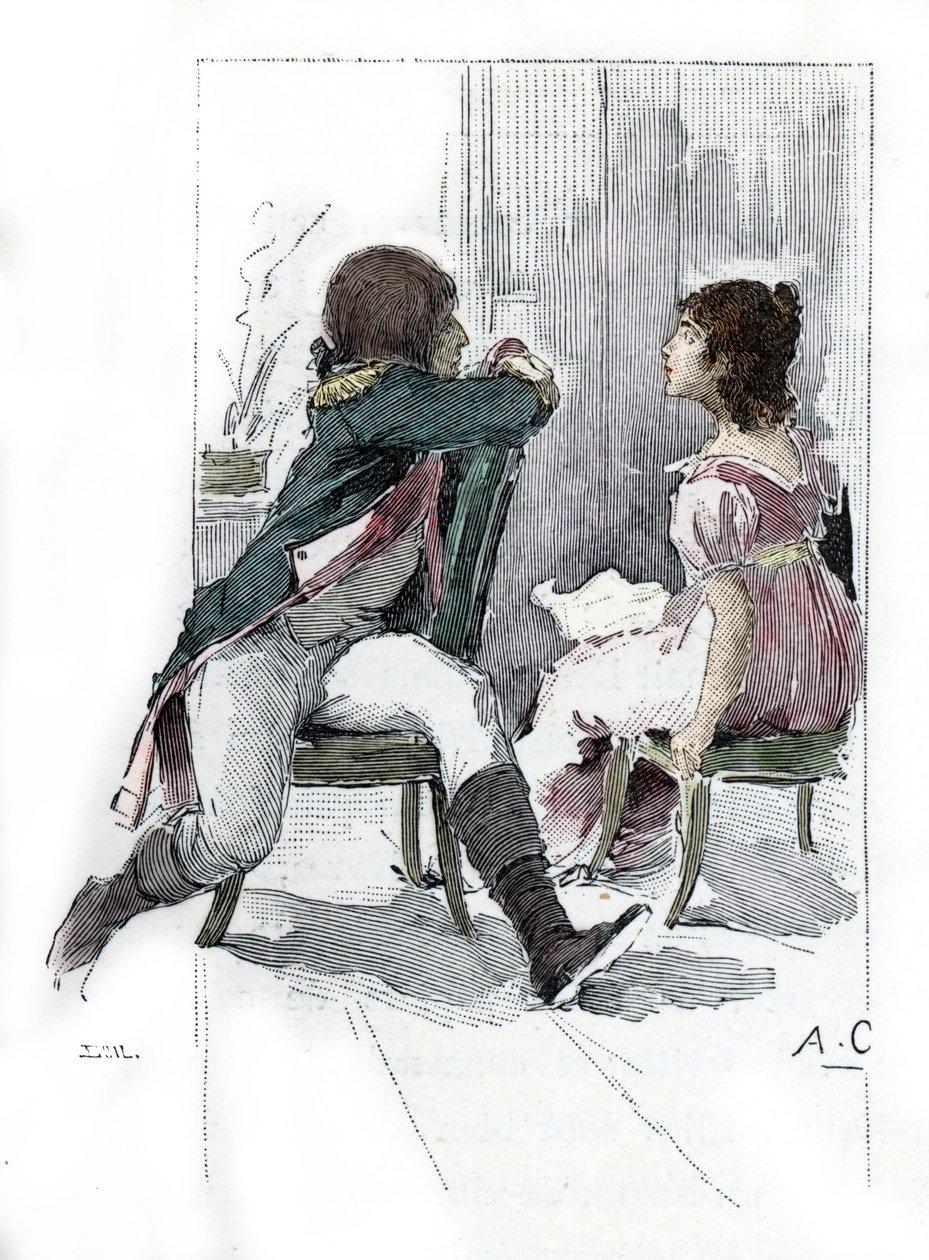 Portrét Napoleona Bonaparta (1769-1821) s jeho snoubenkou Desiree Clary (1777-1860) c. Duben 1795 (Portrét Desiree Clary v době jejího zasnoubení s Napoleonem Bonapartem, duben 1795) Kresba Antoina Calbeta čerpá z „Napoleon et les femmes“ od Antoine Calbet