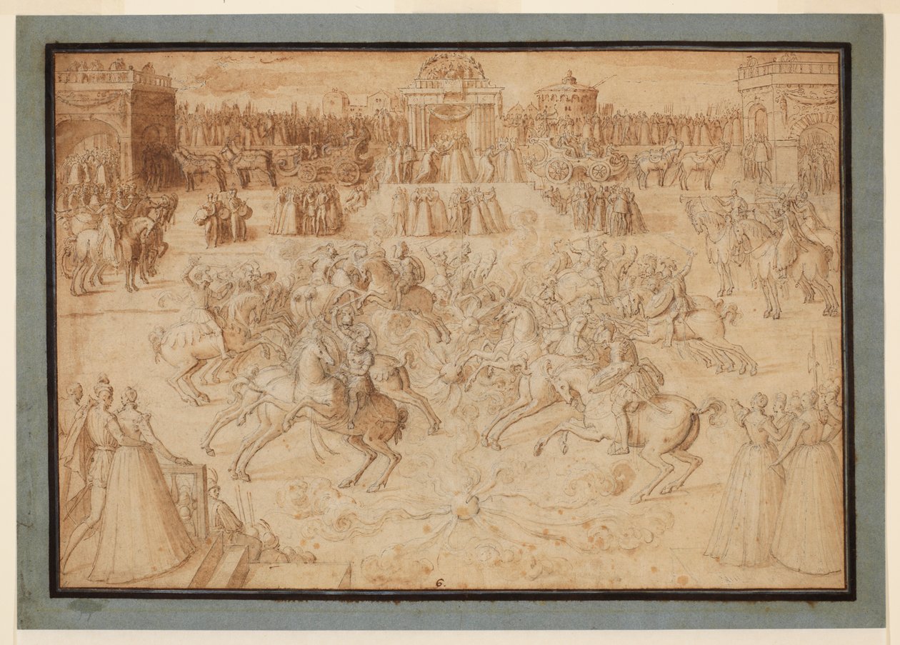 Jezdecká hra s jezdci soutěžícími mezi ohňostrojem, 1575-c.1580 od Antoine Caron
