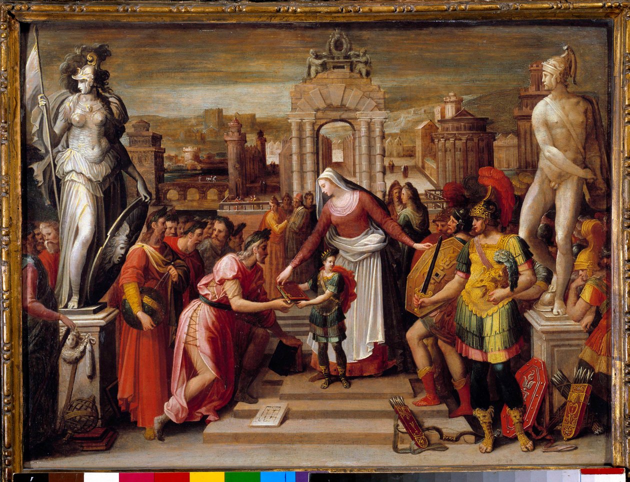Historie královny Artemise Iere z Halicarnasse: „“ Předání knihy a epee““ Obraz Antoina Carona (1521-1599) 16. století Sun. 0,51x0,67 m Beauvais, departement de l