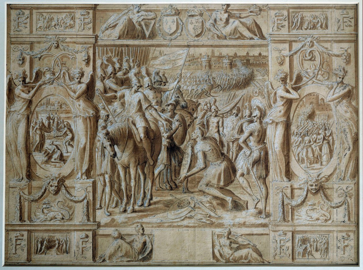 Podřízení Milána Vojska Francoise I. dobyla město Milán po vítězství v bitvě u Marignanu v roce 1515. Kresba perem a perem Antoine Caron (1521-1599) Paříž 16. století, muzeum Louvre od Antoine Caron