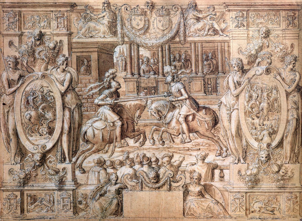 Turnaj u příležitosti sňatku Kateřiny Medicejské (1519-89) a Henriho II. (1519-59) v roce 1533 (pero a papír) od Antoine Caron
