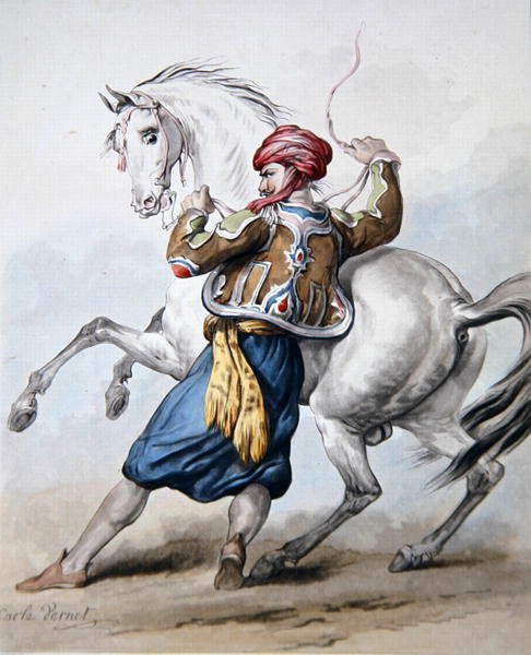 Peršan se snaží překonat francouzského koně (litho) od Antoine Charles Horace Vernet