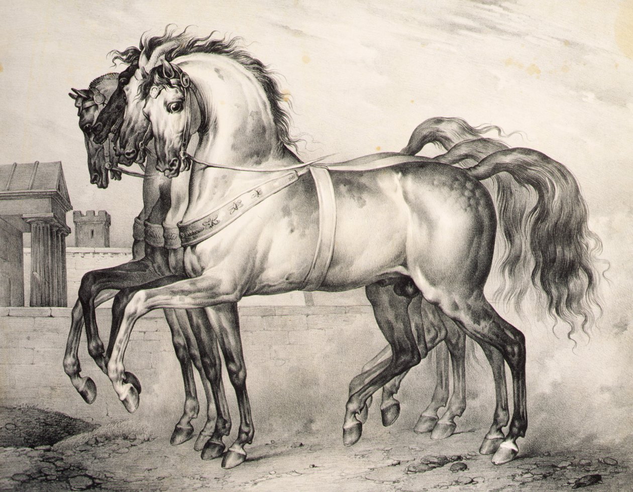 Koně, na kterých jezdil Louis Philippe, vévoda z Orleansu v bitvě u Valmy, vyryl Victor Adam (1801-66) c.1834-38 (litho) od Antoine Charles Horace Vernet