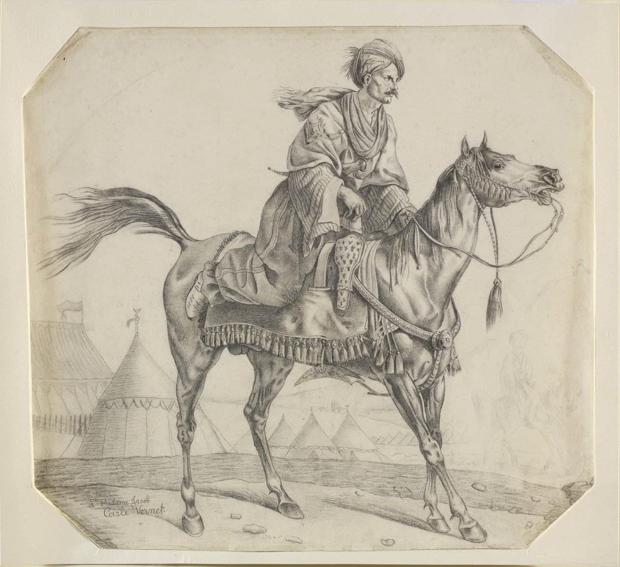 Mameluke nasedající na svého koně (černá křída na papíře) od Antoine Charles Horace Vernet