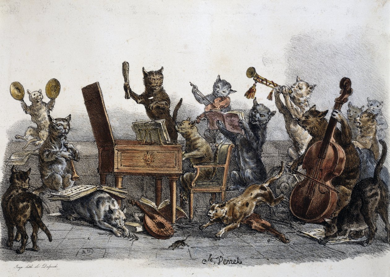 Amatérský koncert, karikatura koček hrajících na hudební nástroje, rytina Carle Vernet (1758-1836), Francie od Antoine Charles Horace Vernet
