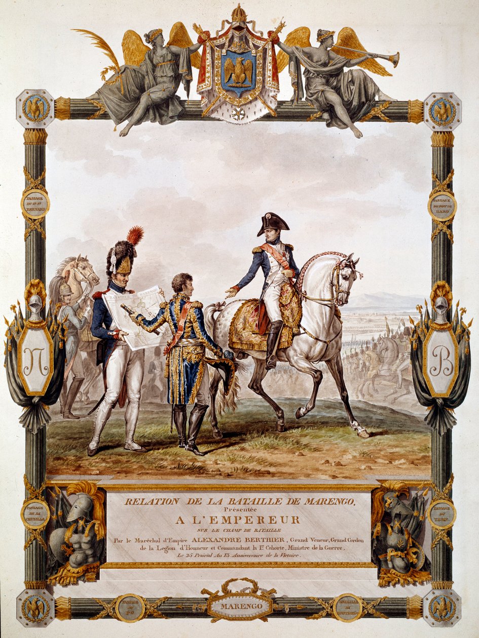 Frontispice vztahu bitvy u Marenga 14. června 1800: Marechal Berthier ukazuje bitevní strategii u Napoleona I. Ilustrace Antoine Dit Carle Vernet (1758-1836) od Antoine Charles Horace Vernet