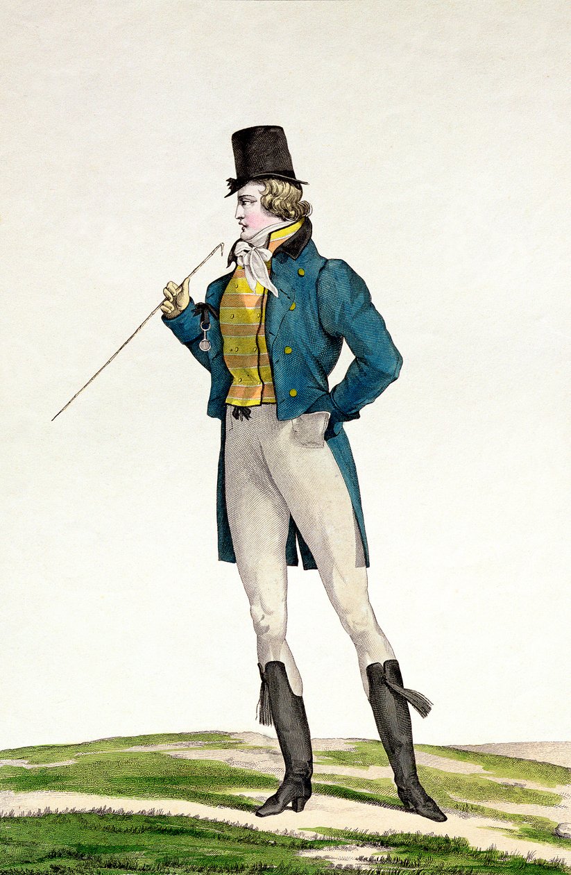 Dandy v robinsonském klobouku s dětskými kadeřemi, pletenými kalhotami a jezdeckými botami, deska 5 ze série módních desek Incroyable et merveilleuse, vyryla Georges Jacques Gatine (1773-1831) od Antoine Charles Horace Vernet