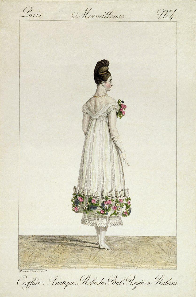 Dáma s asijským účesem v baletních šatech zdobených stuhami, 4. deska ze série módních desek "Incroyable et merveilleuse", vyryl Georges Jacques Gatine (1773-1831) vydáno 1 od Antoine Charles Horace Vernet