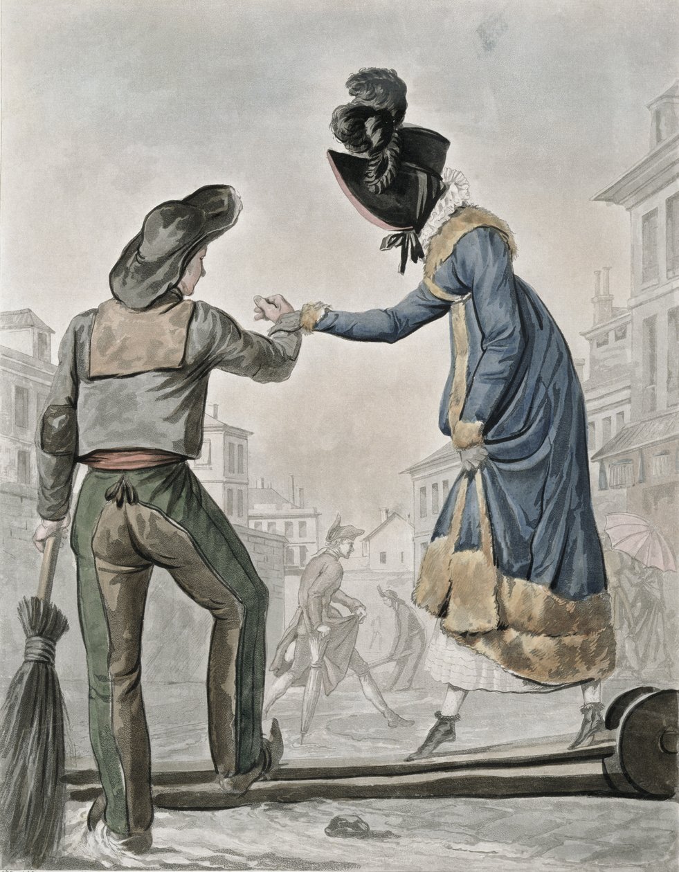 Žena platí metařovi, aby přešel lávku přes špinavou ulici od Antoine Charles Horace Vernet