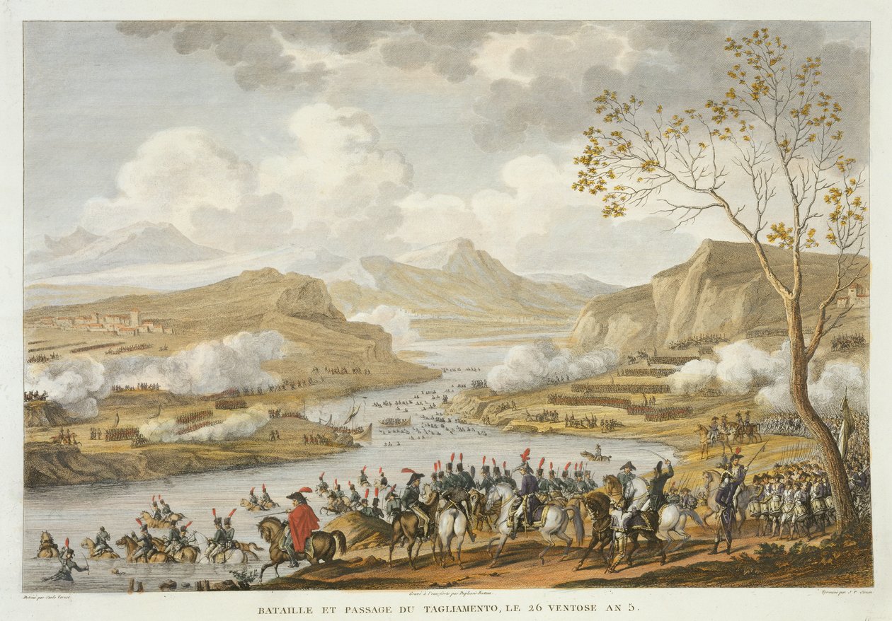 Bitva a přechod přes Tagliamento, 26 Ventose, rok 5 (březen 1797), rytina Jean Duplessi-Bertaux (1747-1819) (akvatinta) od Antoine Charles Horace Vernet