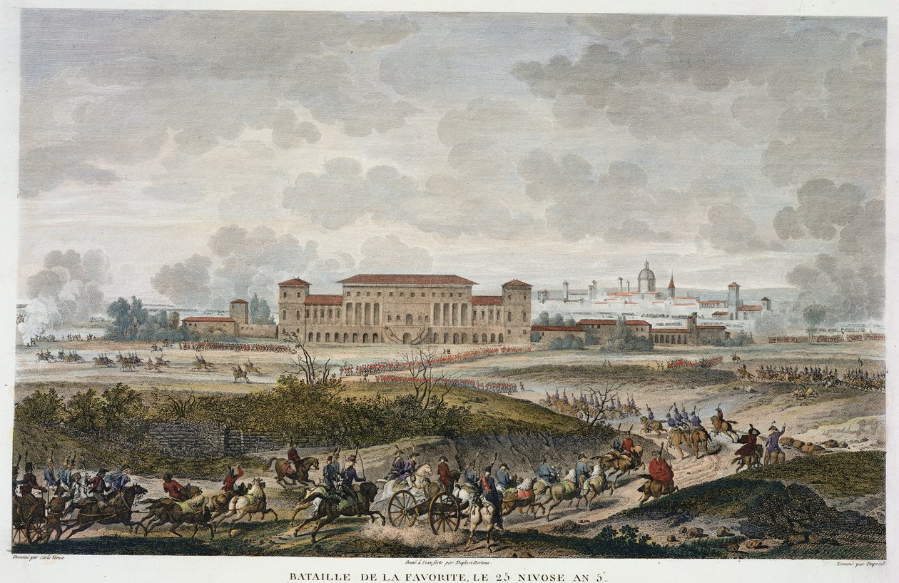 Bitva u La Favorite, 25 Nivose, rok 5 (leden 1797), vyrytý Jean Duplessi-Bertaux (1747-1819) (akvatinta) od Antoine Charles Horace Vernet