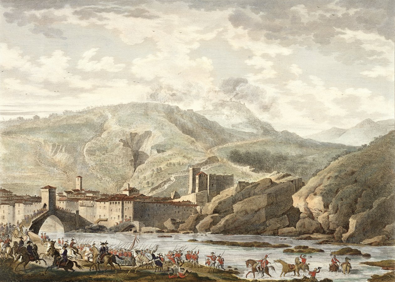 Bitva u Millesima, 25. germinál, 4. rok (duben 1796), rytina Jean Duplessi-Bertaux (1747-1819) (akvatinta) od Antoine Charles Horace Vernet