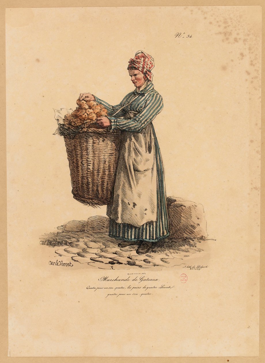 The Cake Seller, číslo 34 ze série The Cries of Paris, vyryl Francois Seraphin Delpech (1778-1825) od Antoine Charles Horace Vernet