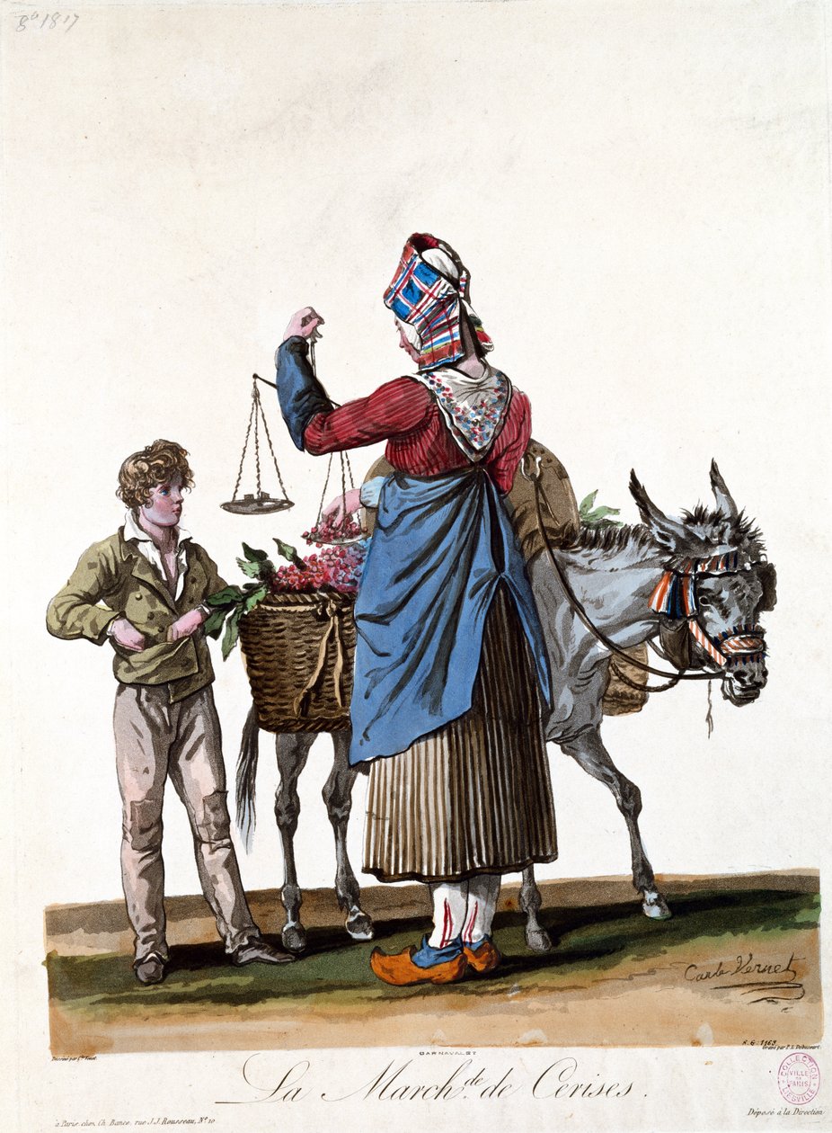 Cherry Seller, vyrytý Philibert Louis Debucourt (1755-1832) od Antoine Charles Horace Vernet