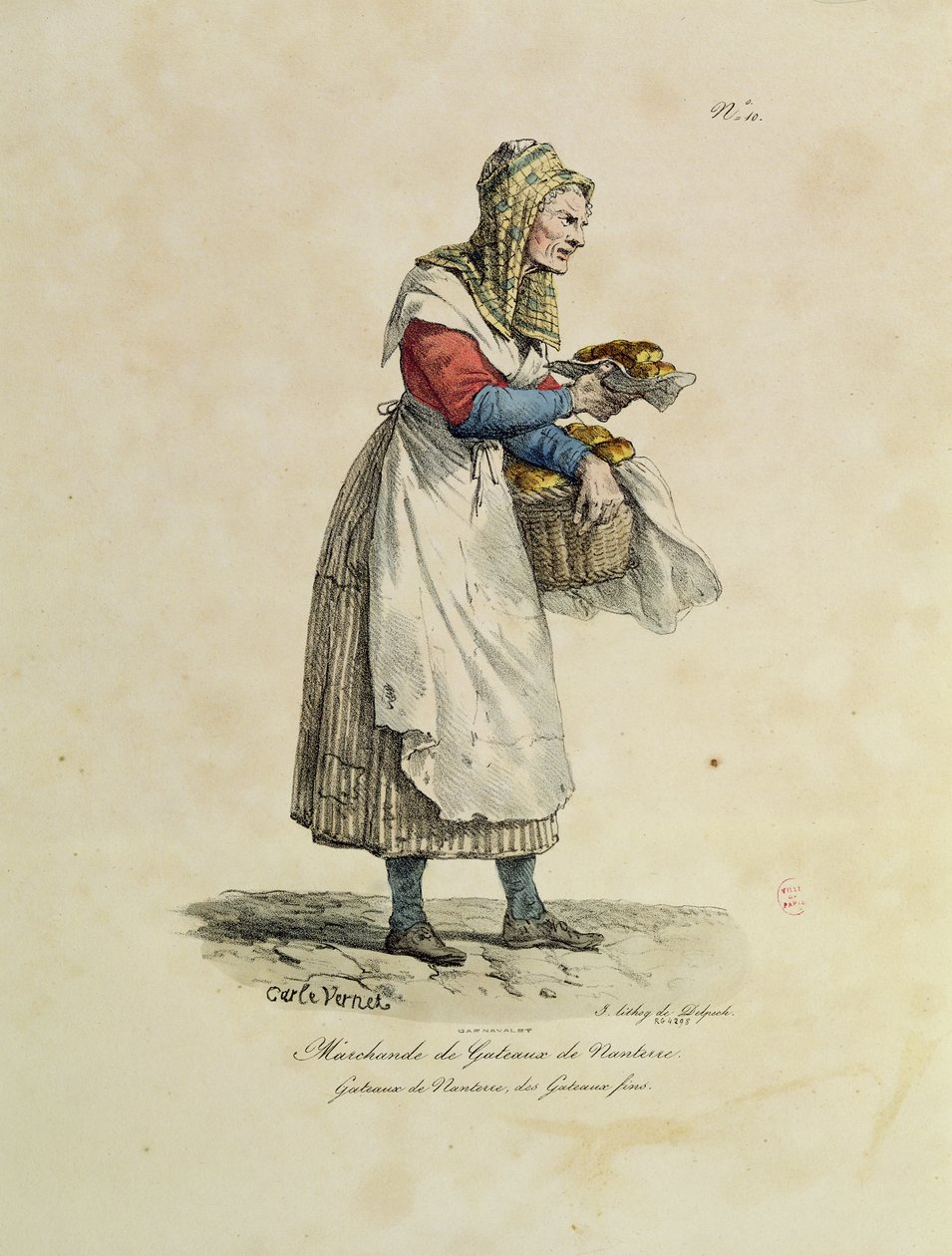 Prodejce dortů z Nanterre, číslo 10 ze série „Výkřiky Paříže“, vyryl Francois Seraphin Delpech (1778-1825) (barva litho) od Antoine Charles Horace Vernet