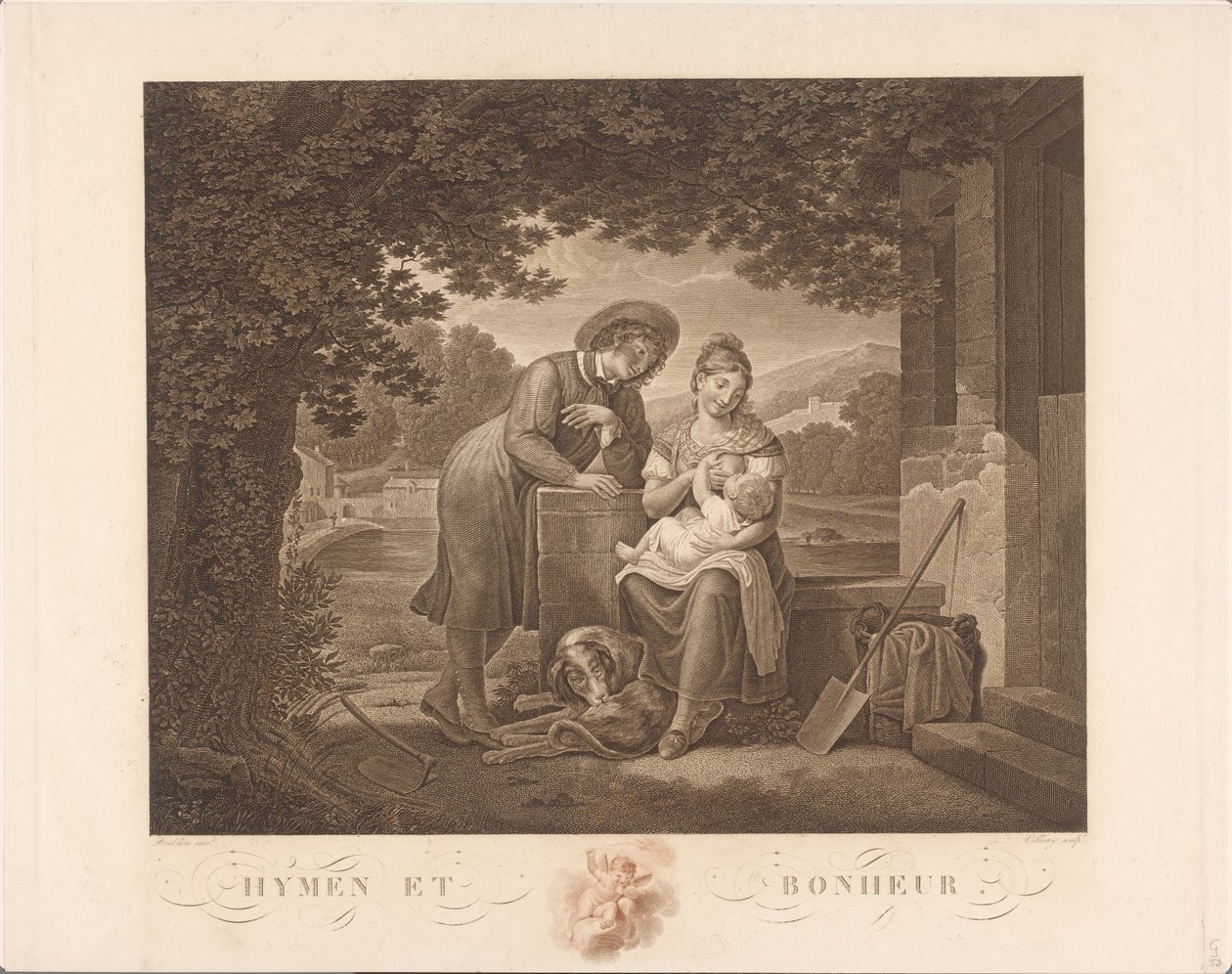 Mladá rodina se psem Hymen et Bonheur (název na objektu) od Antoine Claude François Villerey