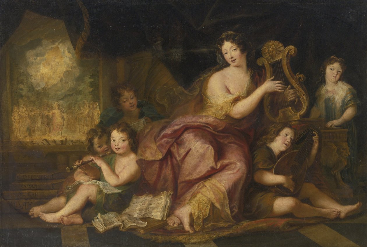 Alegorie hudby. Portrét Madame de Maintenon 1635-1719, s přirozenými dětmi Ludvíka X od Antoine Coypel