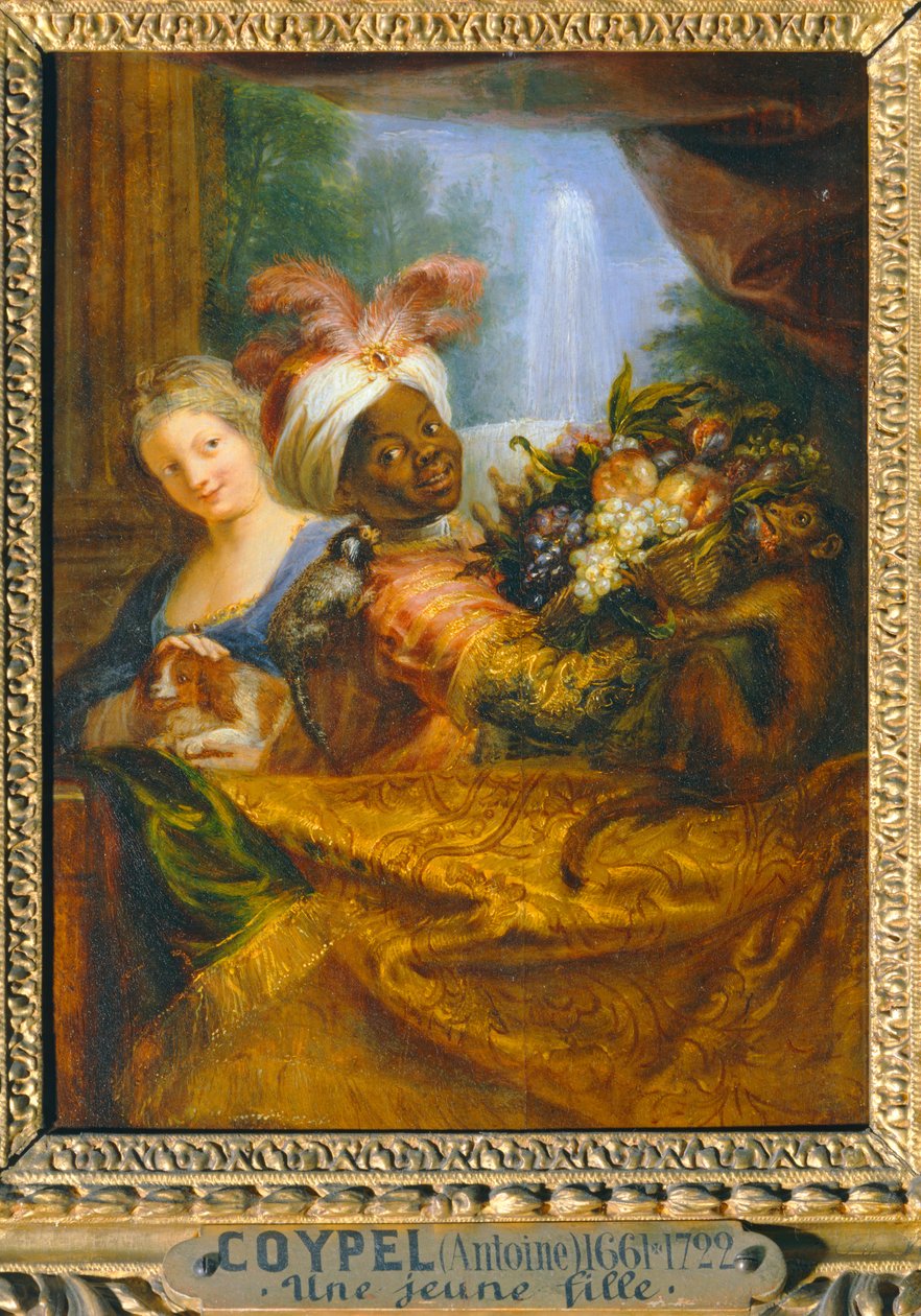 Mladá černoška s košíkem ovoce a mladá dívka hladící psa - Jeune noir tenant une corbeille de fruits et jeune fille caressant un chien ... od Antoine Coypel